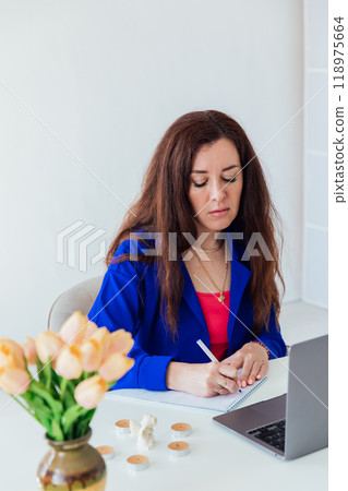 Business woman working at desk with laptop in office online Business woman working at desk with laptop in office online 118975664