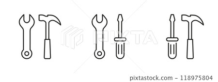 Tools Line Icon Set Including Wrench, Hammer, and Screwdriver for Maintenance and Repair. Toolkit for Maintenance Tasks Outline Symbol Collection. Editable Stroke. Isolated Vector Illustration 118975804