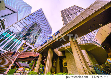 Tokyo cityscape in Japan: A city with pedestrian bridges. View of Shibuya 2-chome, Konno Sakashita pedestrian bridge and Shibuya Akshu, etc. = October 4th 118975965