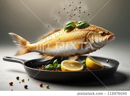 fried fish with bright golden crust and basil sprig, isolated on pastel brown background 118976040