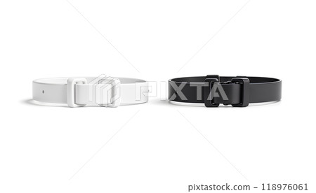 Blank black and white dog collar with plastic buckle mockup. Blank black and white dog collar with plastic buckle mockup. 118976061