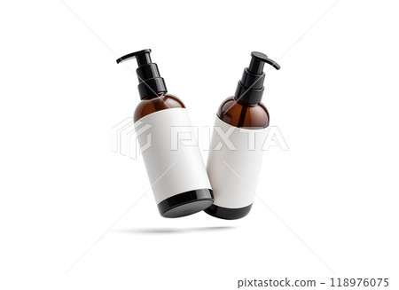 Blank amber glass pump bottle with white mockup, no gravity. Blank amber glass pump bottle with white mockup, no gravity. 118976075