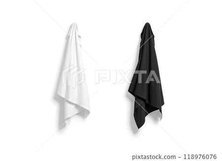 Blank black and white big towel hanging on hook mockup. Blank black and white big towel hanging on hook mockup. 118976076