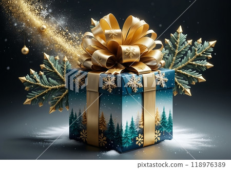 New Year gift box with bright ribbon, New Year card 118976389