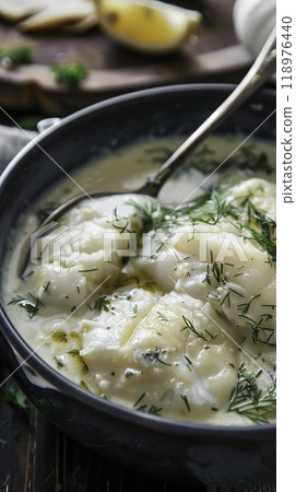 Creamy seafood soup with chunks of fish, tomatoes, and fresh dill garnish. Generated AI. 118976440