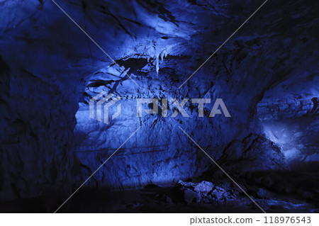 The inside of Akiyoshi Cave, a special natural monument, illuminated in blue The inside of Akiyoshi Cave, a special natural monument, illuminated in blue 118976543