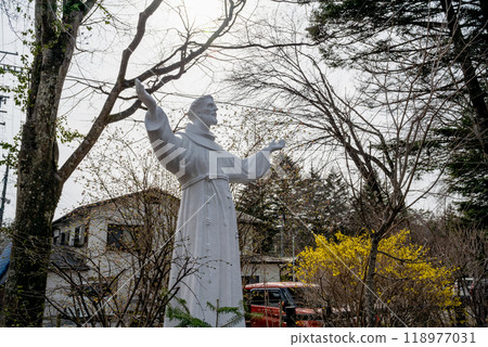 Yaizawa, Kitasaku District, Nagano, Japan - April 15, 2024: Yaizawa Seihora Catholic Church. Yaizawa, Kitasaku District, Nagano, Japan - April 15, 2024: Yaizawa Seihora Catholic Church. 118977031