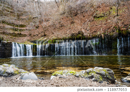 日本長野縣北作區伊澤市 — 2024年4月15日：白瀧瀑布位於日本長野縣北作區伊澤市。 118977053