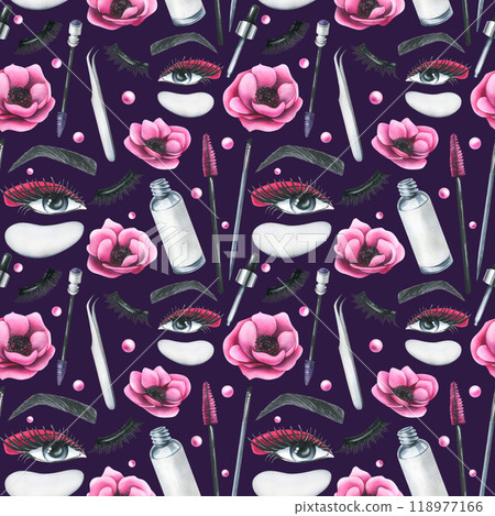 Cosmetics and brushes for eyes and eyebrows, tubes with pink anemone flowers. Watercolor illustration hand drawn. Seamless pattern on a dark purple background. For eyelash extension and lamination Cosmetics and brushes for eyes and eyebrows, tubes with pink anemone flowers. Watercolor illustration hand drawn. Seamless pattern on a dark purple background. For eyelash extension and lamination 118977166