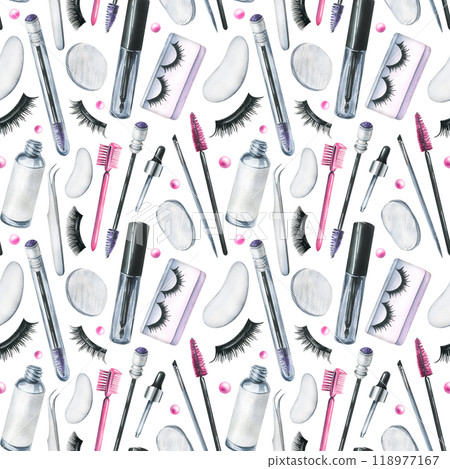Decorative and personal care cosmetics in black and pink, jars, brushes, smears. Hand drawn watercolor illustration. Seamless pattern on a white background for the beauty industry, design. Decorative and personal care cosmetics in black and pink, jars, brushes, smears. Hand drawn watercolor illustration. Seamless pattern on a white background for the beauty industry, design. 118977167