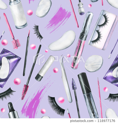 Decorative and personal care cosmetics in black and pink, jars, brushes, smears. Hand drawn watercolor illustration. Seamless pattern on a lilac background for the beauty industry, design. 118977176