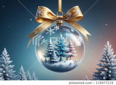 New Year's festive ball in the snow, isolated on a blue background. New Year card 118977219