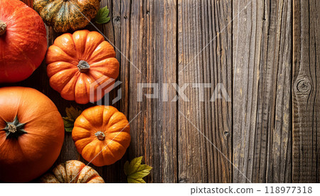 Assortment of Autumn Pumpkins on Rustic Wooden Table for Harvest and Fall Decor 118977318
