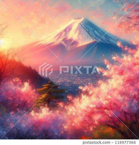 Cherry blossoms blooming, snow-capped cherry blossoms at Mitsutoge seen from Mt. Arakura at dawn 118977368
