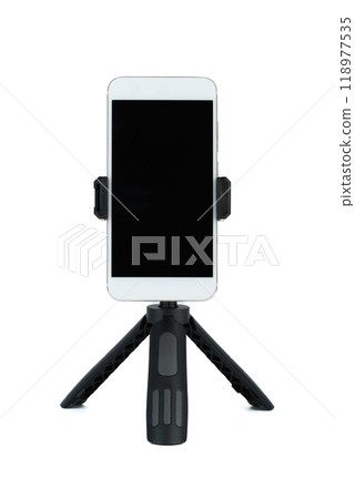 Mobile phone on tripod stand for photography and videography. 118977535