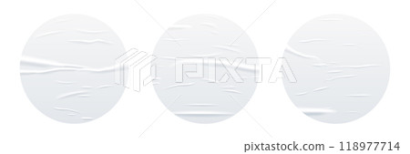 Glued white circle paper sheets set. Vector isolated realistic crumpled posters bundle. Wet greased wrinkles blank template texture. Empty advertising column mockup for creative design Glued white circle paper sheets set. Vector isolated realistic crumpled posters bundle. Wet greased wrinkles blank template texture. Empty advertising column mockup for creative design 118977714