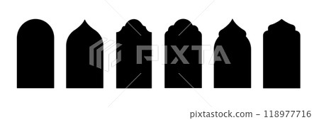 Islamic window or door arch shape set. Muslim arab black frames collection isolated on white background. Mosque gates, arabesque patterns Islamic window or door arch shape set. Muslim arab black frames collection isolated on white background. Mosque gates, arabesque patterns 118977716