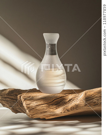 A frosted glass bottle perfume, placed on a piece of oak base. Sandblasted surface. A frosted glass bottle perfume, placed on a piece of oak base. Sandblasted surface. 118977859