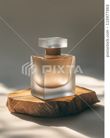 A frosted glass bottle perfume, placed on a piece of oak base. Sandblasted surface.  118977868