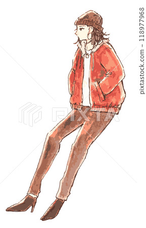 一個戴著針織帽子和紅色夾克的女人的插圖 118977968
