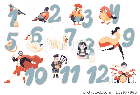 The twelve days of Christmas. English Christmas carol. Vector isolated illustration The twelve days of Christmas. English Christmas carol. Vector isolated illustration 118977969