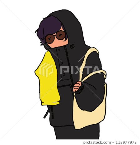 Illustration of a person wearing sunglasses carrying a towel over his shoulder and a tote bag Illustration of a person wearing sunglasses carrying a towel over his shoulder and a tote bag 118977972
