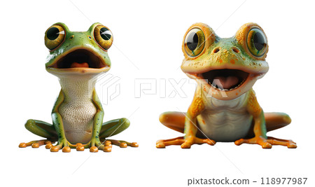 Surprised frogs sitting calmly with wide-open eyes and mouth, showcasing vibrant green and orange colors on transparent 118977987