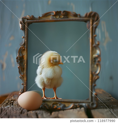 A small yellow chick stands inside an ornate mirrow frame, gazing curiously at its surroundings. An egg rests on the wooden surface nearby, enhancing the warm, nostalgic atmosphere. 118977990