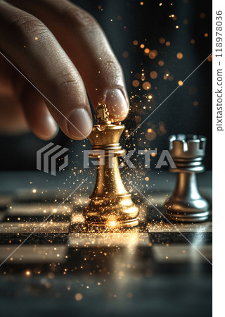 A hand moving the chess piece, in silver and gold colors, against a background of a gray gradient. 118978036