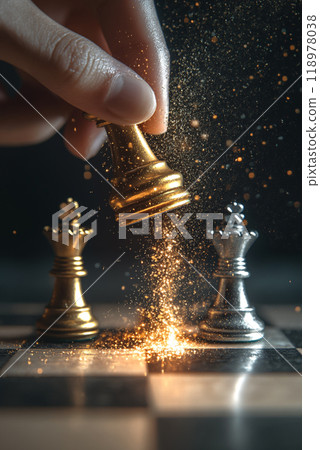 A hand moving the chess piece, in silver and gold colors, against a background of a gray gradient. 118978038