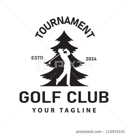 Illustration shows a Silhouette of a man posing with a Pine Tree and a golf club. Illustration shows a Silhouette of a man posing with a Pine Tree and a golf club. 118978191