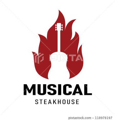 Fire Flame with Guitar Musical Instrument for Steakhouse Restaurant Bar Night Club Pub Logo Design Fire Flame with Guitar Musical Instrument for Steakhouse Restaurant Bar Night Club Pub Logo Design 118978197