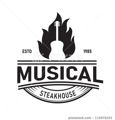 Fire Flame with Guitar Musical Instrument for Restaurant Label Logo Design Vintage Retro Steak house Bar Night Club Pub 118978202