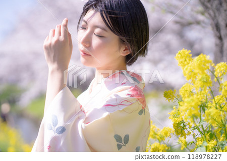 A young woman in a hakama walking through a town with cherry blossoms in bloom 118978227