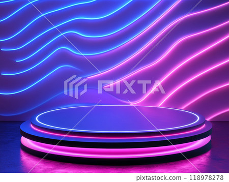 A purple and blue lighted stage with a white base. The stage is lit up with neon lights and has a futuristic feel to it A purple and blue lighted stage with a white base. The stage is lit up with neon lights and has a futuristic feel to it 118978278