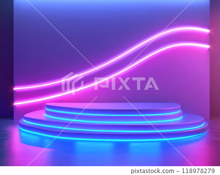 A purple and blue lighted stage with a white base. The stage is lit up with neon lights and has a futuristic feel to it A purple and blue lighted stage with a white base. The stage is lit up with neon lights and has a futuristic feel to it 118978279