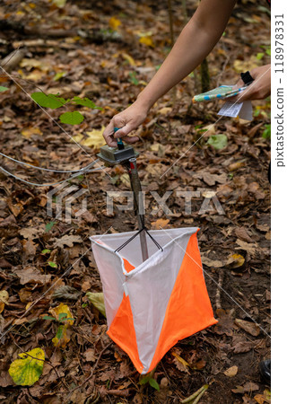 A woman punching at the orienteering control point A woman punching at the orienteering control point 118978331