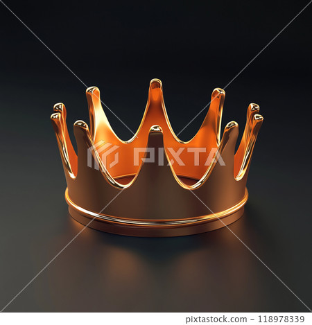 3D rendering of a simple design golden crown icon on a dark grey background.  118978339
