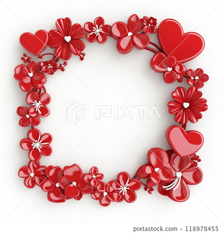 3D red Valentine's Day frame with flowers and hearts on a white background and no shadows.  118978455