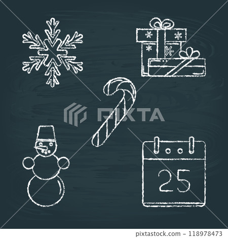 Set of Christmas icons sketches on chalkboard Set of Christmas icons sketches on chalkboard 118978473