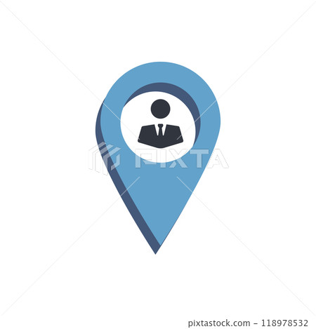 Blue map pin with white circle and person in suit 118978532