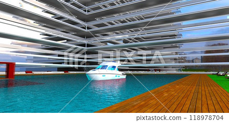 A light motor yacht is anchored in the docking area of an upscale residential complex, waiting for departure. 3D rendering. A light motor yacht is anchored in the docking area of an upscale residential complex, waiting for departure. 3D rendering. 118978704
