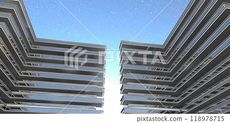 Bright full moon between the buildings of an advanced residential complex with elongated glass balconies. 3D rendering. Bright full moon between the buildings of an advanced residential complex with elongated glass balconies. 3D rendering. 118978715
