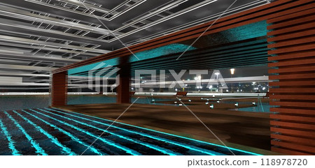 Design of an elegant wooden patio located in the pool of a luxury residential complex at night. 3D rendering. 118978720