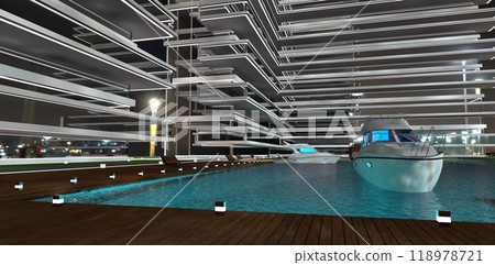 Docking area of an upscale residential complex in Oregon. Illuminated pilings along the water for boat mooring. 3D rendering. Docking area of an upscale residential complex in Oregon. Illuminated pilings along the water for boat mooring. 3D rendering. 118978721