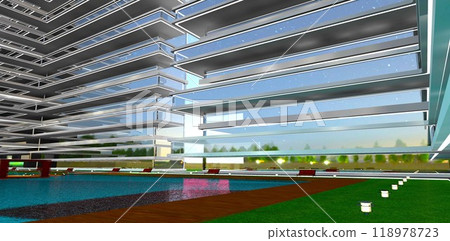 Evening at the new office center with a swimming pool. Several ground lamps on the lawn. View from below. 3D rendering. 118978723