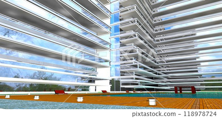 Exterior of a prestigious residential complex. View from the courtyard below. Benches surround the pool. 3D rendering. Exterior of a prestigious residential complex. View from the courtyard below. Benches surround the pool. 3D rendering. 118978724
