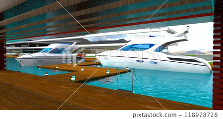 Light motorboat parking area. Wooden pier for convenient access for boat owners and hotel guests. 3D rendering. Light motorboat parking area. Wooden pier for convenient access for boat owners and hotel guests. 3D rendering. 118978728