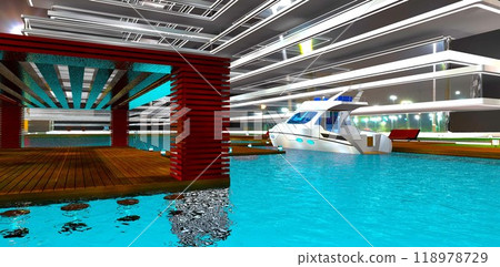 Mooring spot at the dock of an upscale home in San Francisco. Night view from the water. A white motorboat is waiting for its owner. 3D rendering. 118978729