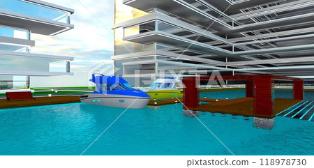 Motor yachts are docked at the wooden pier of an upscale residential complex on the shores of the Ionian Sea. 3D rendering. Motor yachts are docked at the wooden pier of an upscale residential complex on the shores of the Ionian Sea. 3D rendering. 118978730